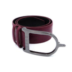 Burgundy leather belt with silver buckle on a white background