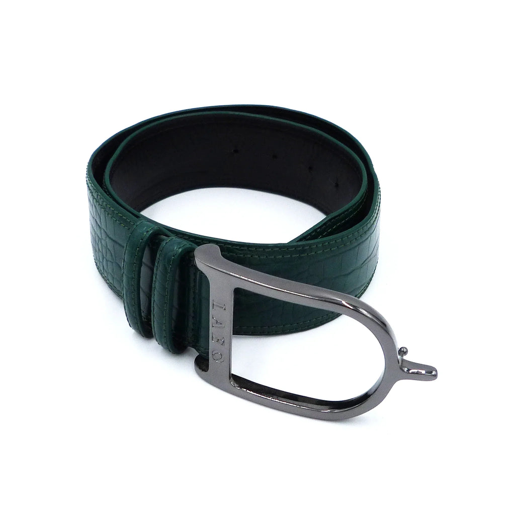 Green leather belt with a silver buckle on a white background