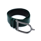 Green leather belt with a silver buckle on a white background