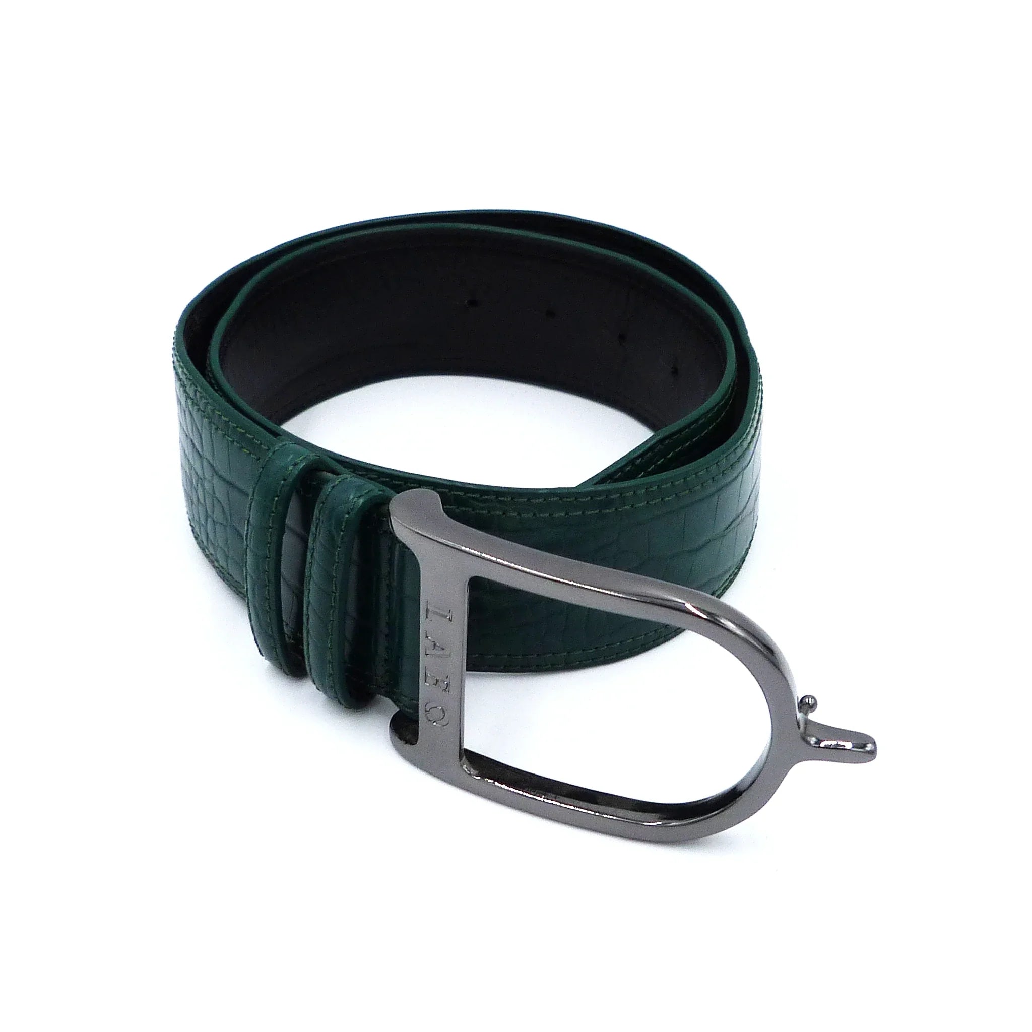 Green leather belt with a silver buckle on a white background