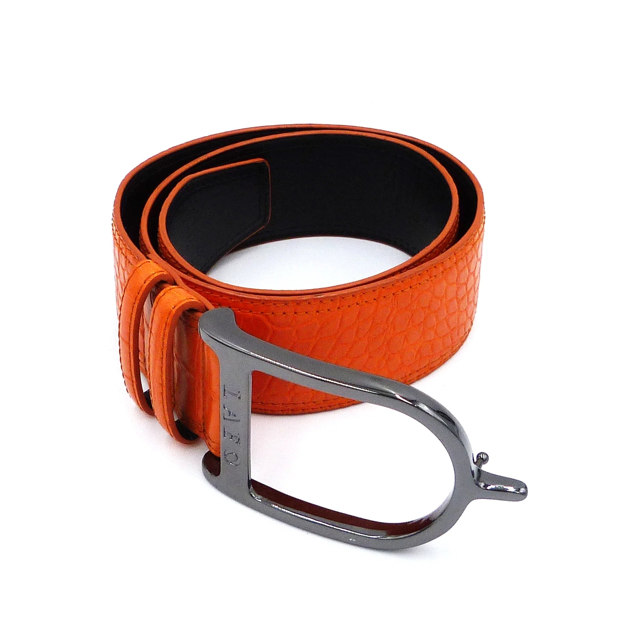 Orange belt with silver buckle on a white background