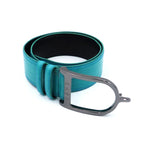 Teal belt with a silver buckle on a white background