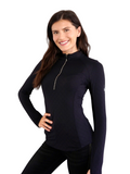 Woman wearing a black long-sleeve top with a zipper on a white background