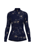 Navy long-sleeve top with celestial pattern on a beige background