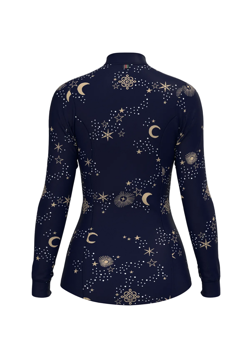Navy long-sleeve shirt with celestial pattern on a beige background