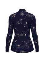 Navy long-sleeve shirt with celestial pattern on a beige background