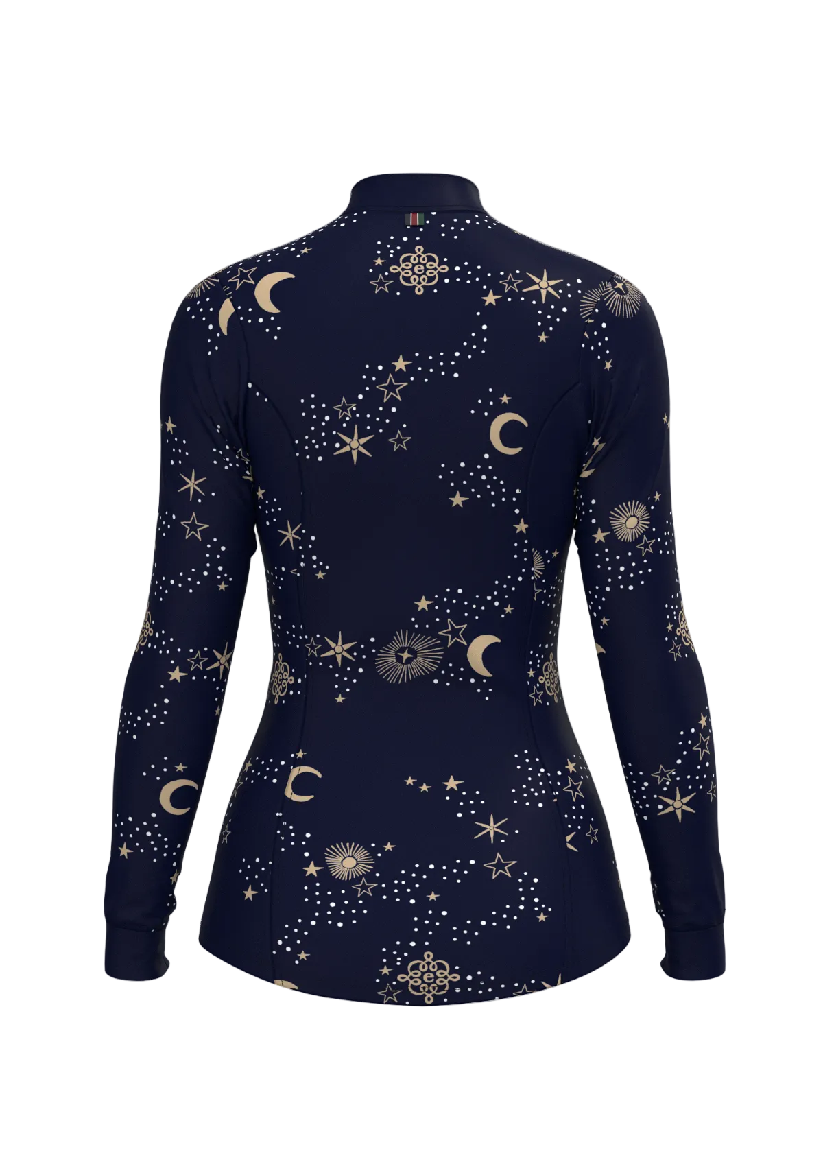 Navy long-sleeve shirt with celestial pattern on a beige background