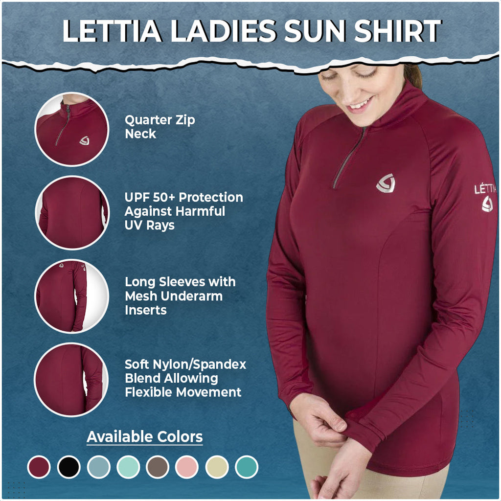 Lettia Ladies Sun Shirt with features and color options on a blue background