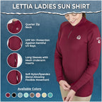 Lettia Ladies Sun Shirt with features and color options on a blue background