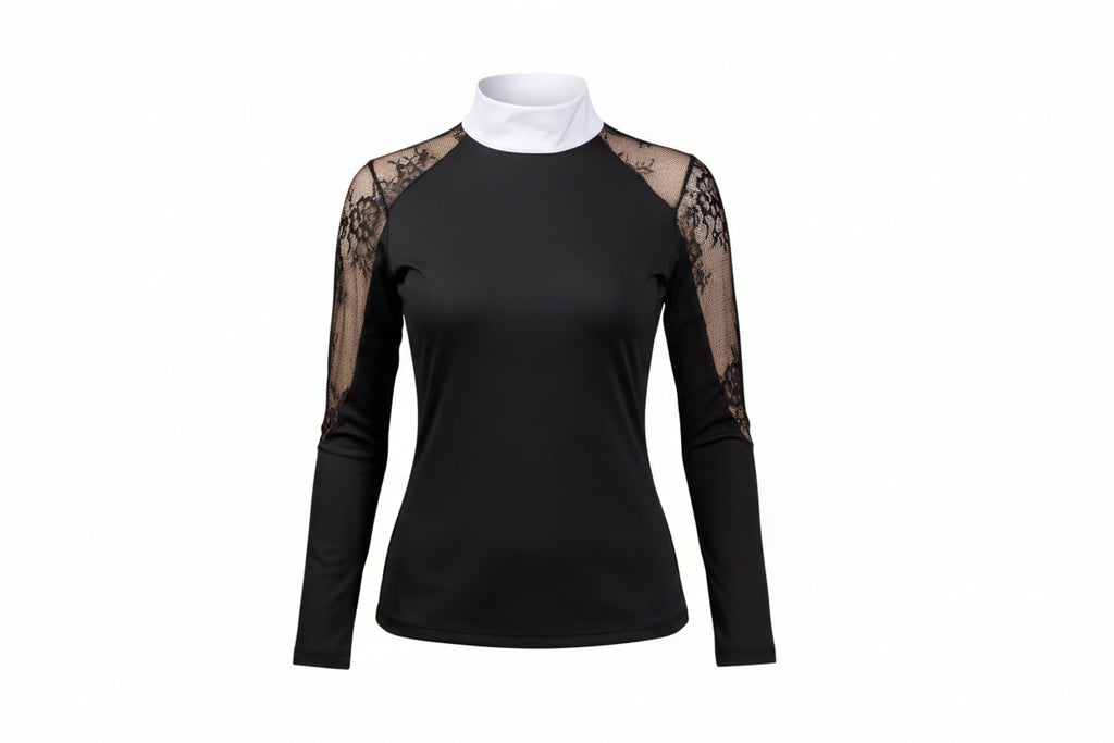  black top with lace sleeves and white pants on a white background