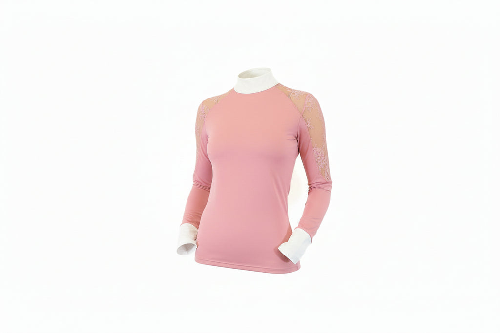pink long-sleeve top with mesh panels on a white background