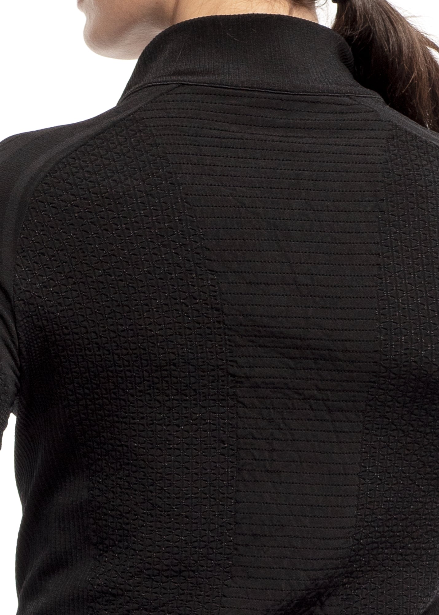 Close-up of a textured black jacket on a white background