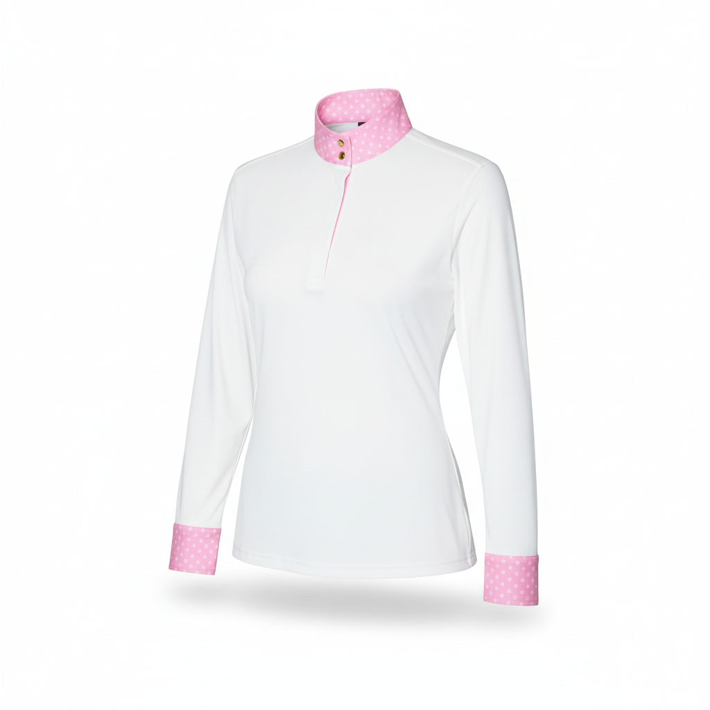 a white shirt with pink accents on a white background