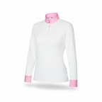  a white shirt with pink accents on a white background