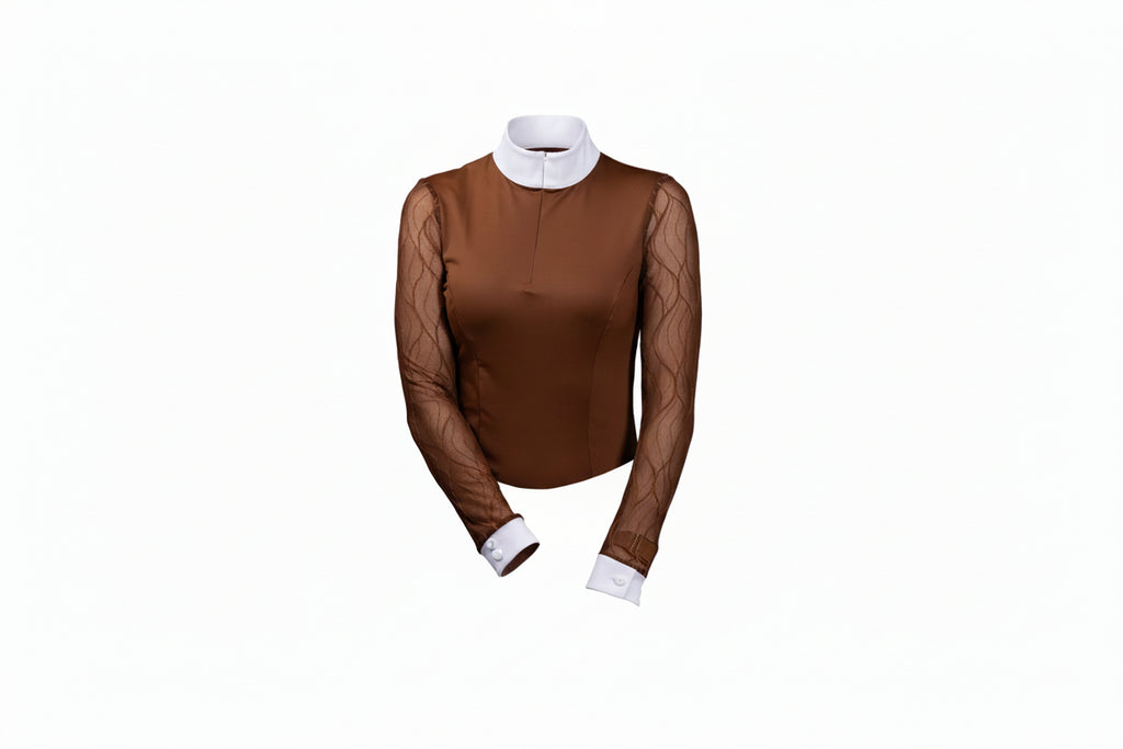 brown sheer long-sleeve top over a white shirt with white pants on a white background
