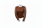 brown sheer long-sleeve top over a white shirt with white pants on a white background