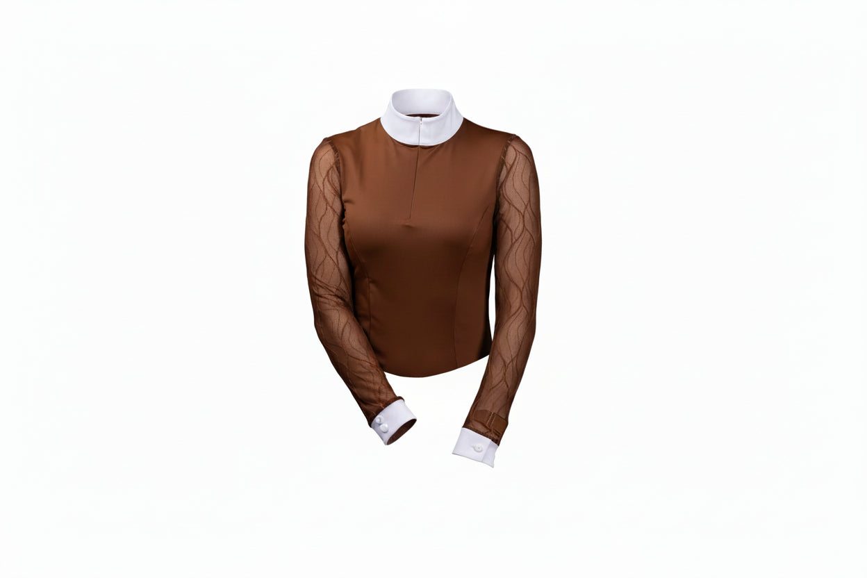 brown sheer long-sleeve top over a white shirt with white pants on a white background