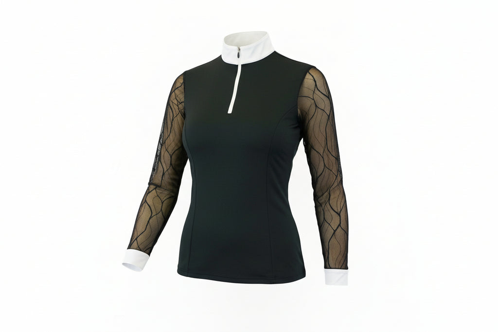 black long-sleeve top with sheer sleeves and white pants on a white background