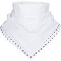 White fabric with a patterned border on a white background