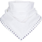 White fabric with a patterned border on a white background