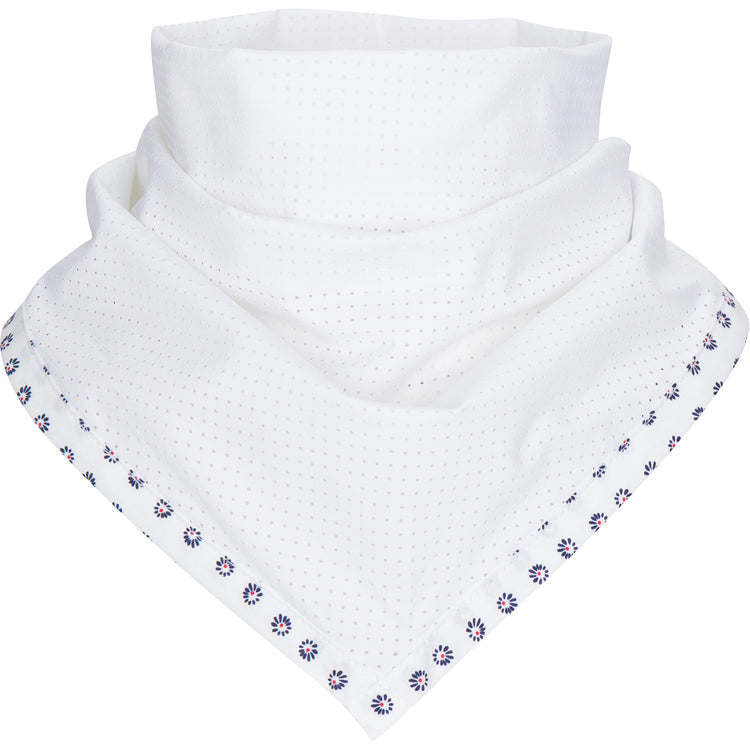 White fabric with a patterned border on a white background