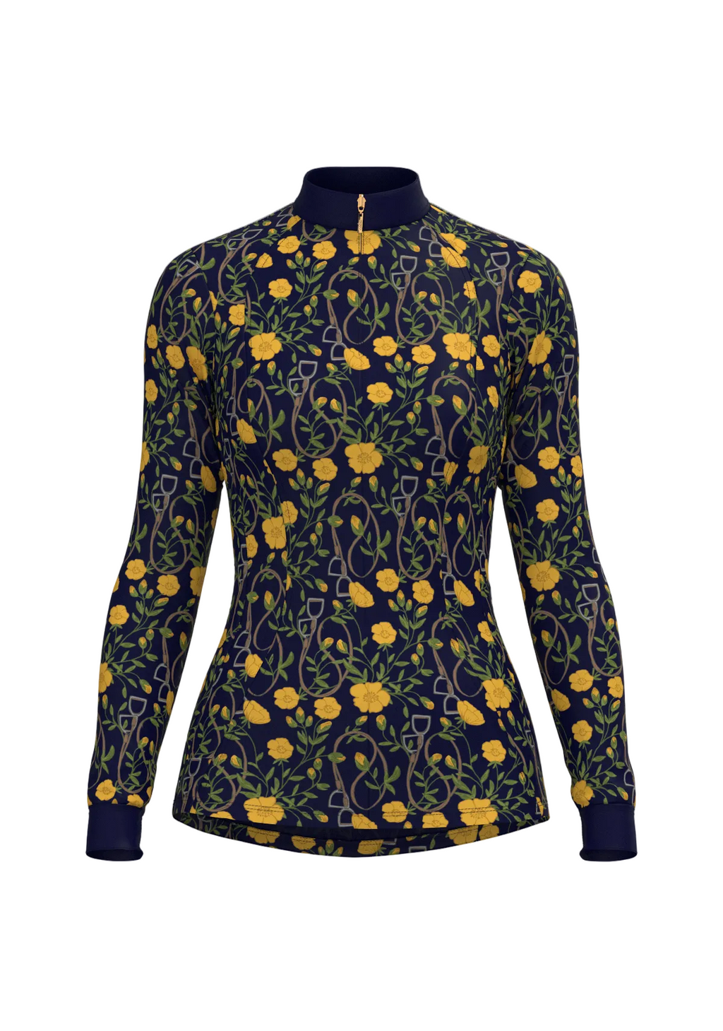 Navy long-sleeve top with yellow floral pattern on a white background