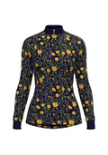 Navy long-sleeve top with yellow floral pattern on a white background