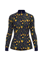 Navy long-sleeve top with yellow floral pattern on a white background