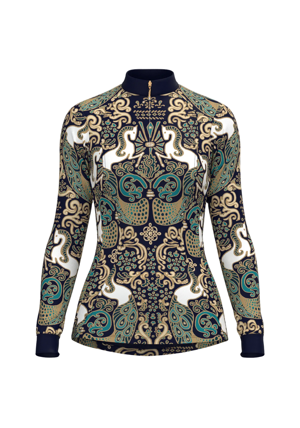 Long-sleeve top with intricate pattern on a white background