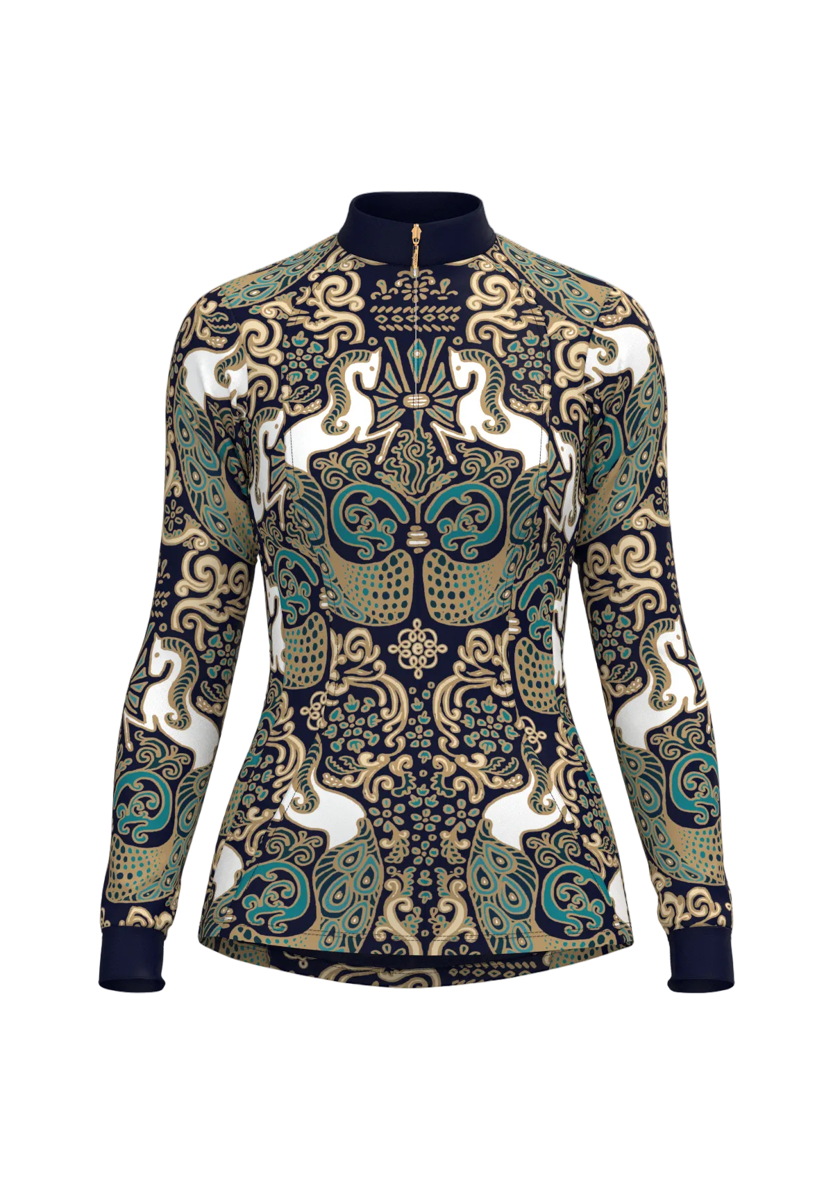 Long-sleeve top with intricate pattern on a white background