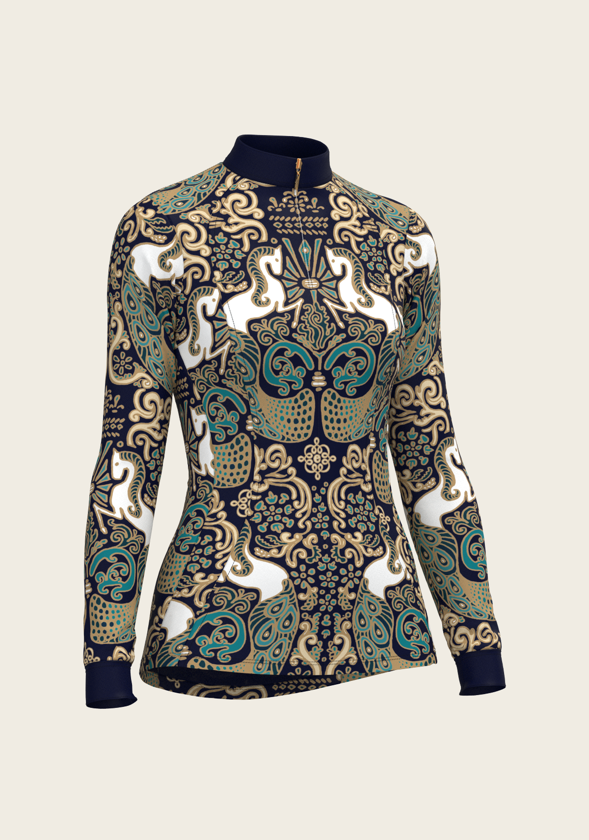 Long-sleeve shirt with a decorative pattern on a beige background