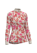 Long-sleeve shirt with pink and red floral and horse pattern on a light background