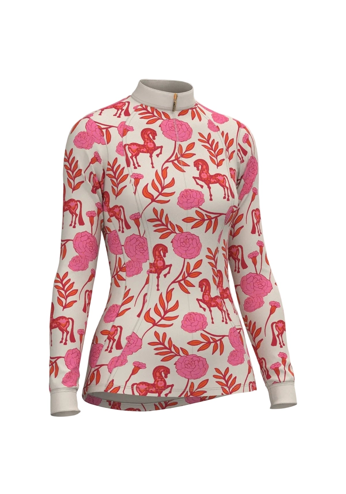Long-sleeve shirt with pink and red floral and horse pattern on a light background