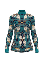 Long-sleeve top with a horse pattern on a beige background