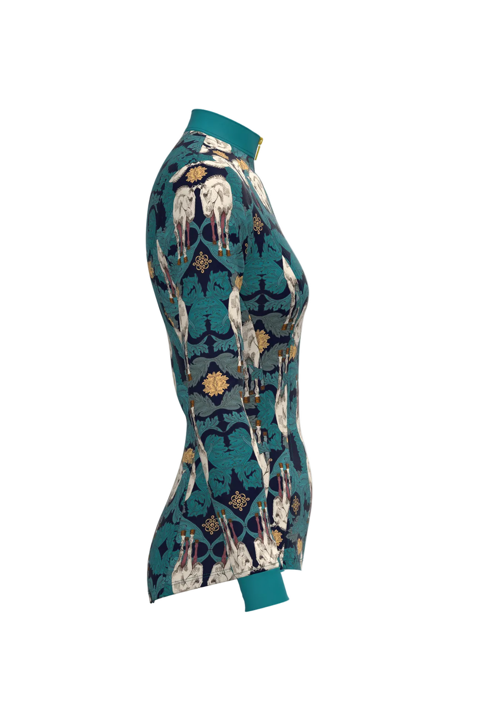 Teal knee-high sock with animal pattern on a light gray background