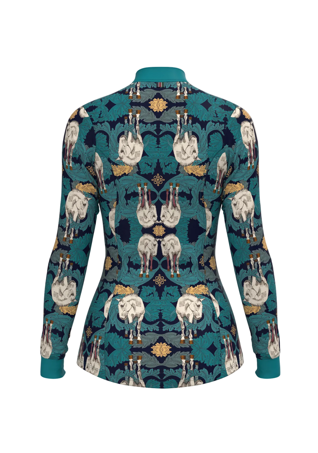 Teal shirt with horse pattern on a beige background