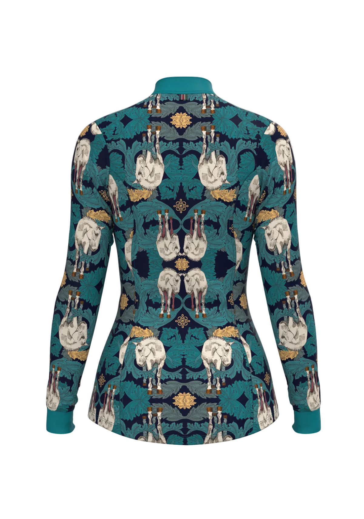 Teal shirt with horse pattern on a beige background