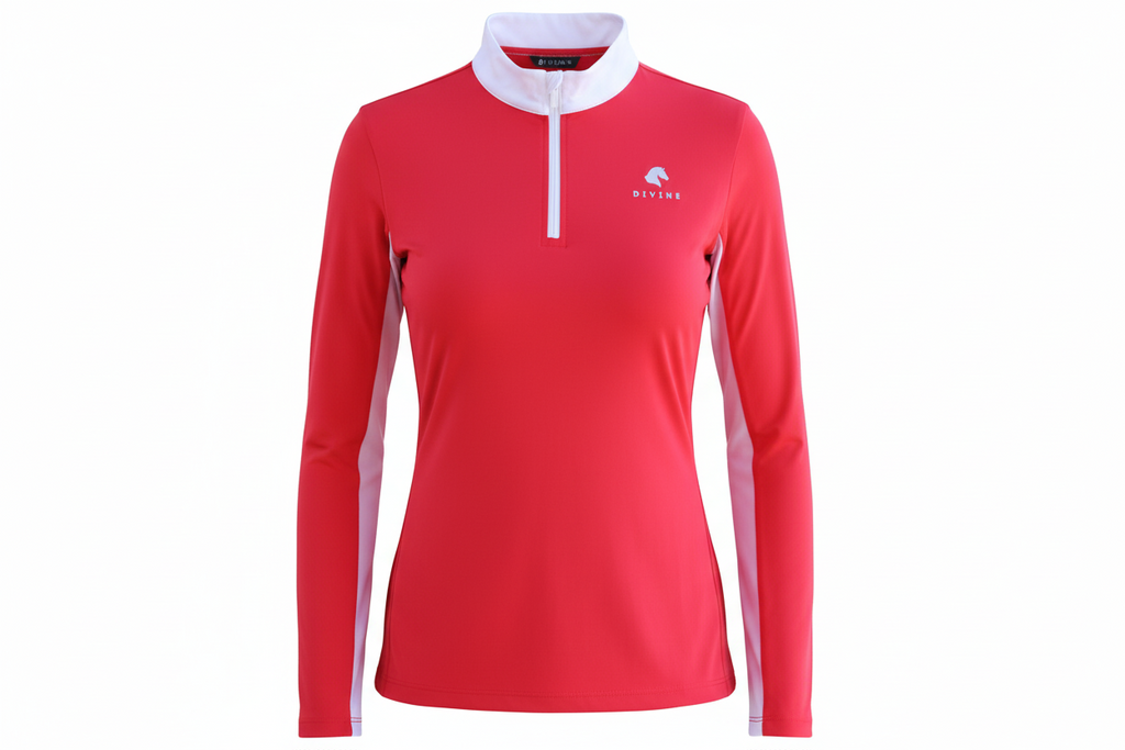 Red long-sleeve shirt with a white collar and logo on a white background