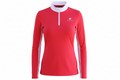 Red long-sleeve shirt with a white collar and logo on a white background