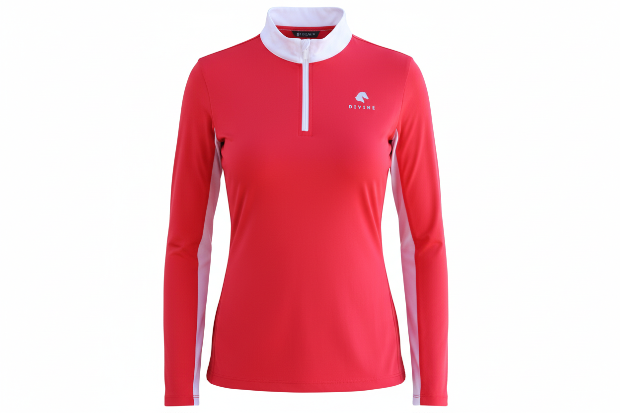 Red long-sleeve shirt with a white collar and logo on a white background