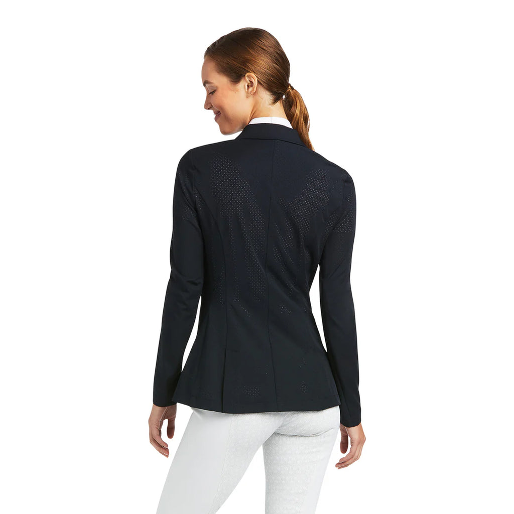 Woman wearing a black blazer on a white background