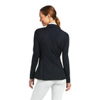 Woman wearing a black blazer on a white background
