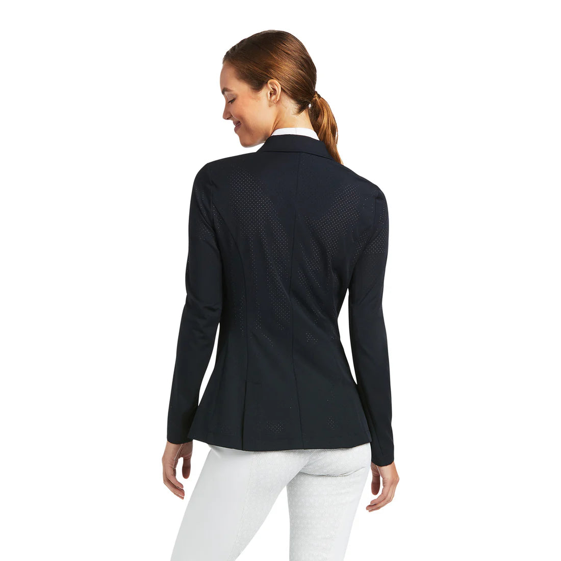 Woman wearing a black blazer on a white background