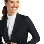 Woman wearing a black blazer with white shirt on a white background