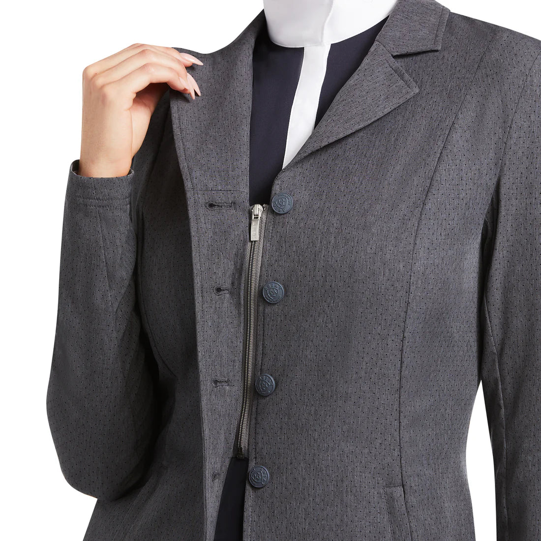 Gray blazer with buttons on a white background