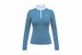 Blue long-sleeve athletic shirt with a brand logo on a white background