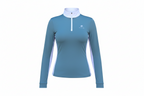 Blue long-sleeve athletic shirt with a brand logo on a white background