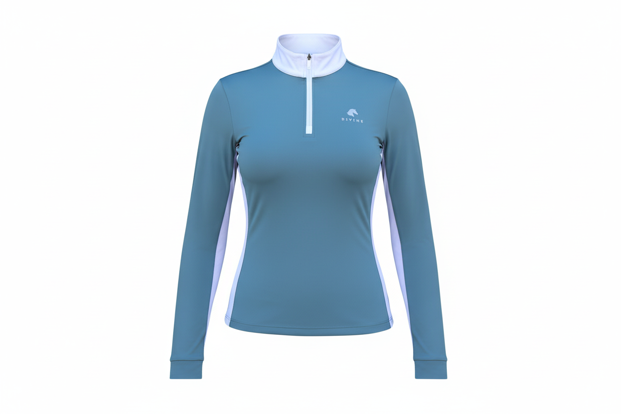Blue long-sleeve athletic shirt with a brand logo on a white background