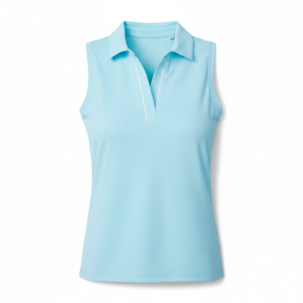 Woman wearing a light blue sleeveless top and black shorts on a white background