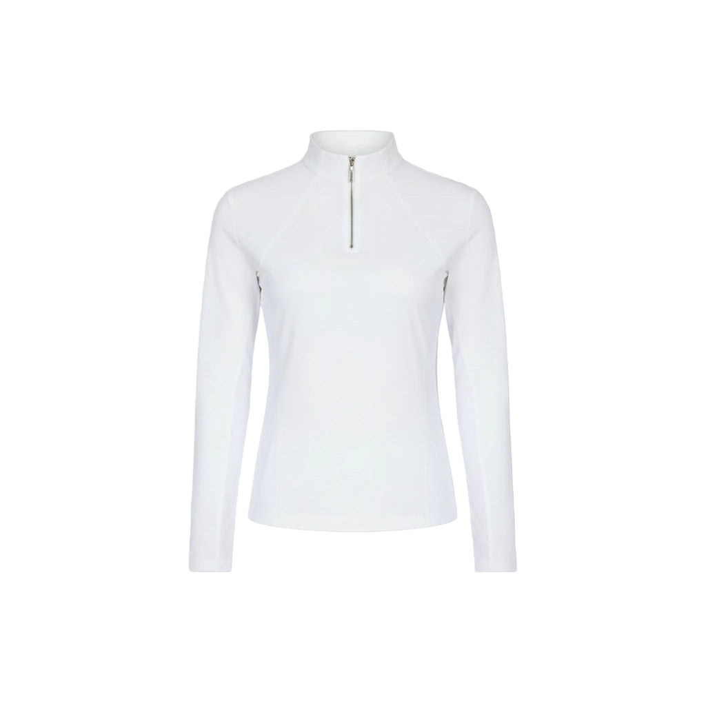 White long-sleeve shirt with a quarter zip on a light gray background